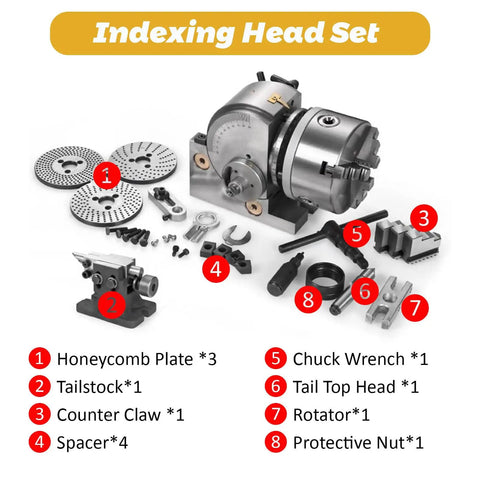 Heavy Duty Cast Iron Indexing Dividing Head With 3 Jaw Chuck And Spiral Tailstock Offering Killer Precision Rotary Indexer Functionality For Drill Press And Cnc Milling Making Dead Nuts Spot On Results For Any Garage Setup with accessories.