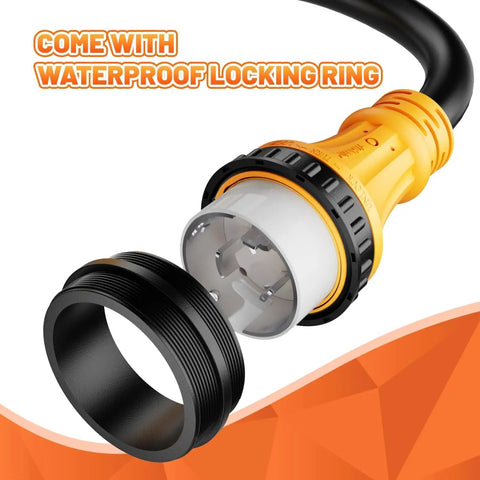 Badass High Grade Heavy Duty SS2 50P To 14 50R 50 Amp Marine Shore Power Adapter Cord For Tesla EV RV Camper Yacht waterproof locking ring detail.