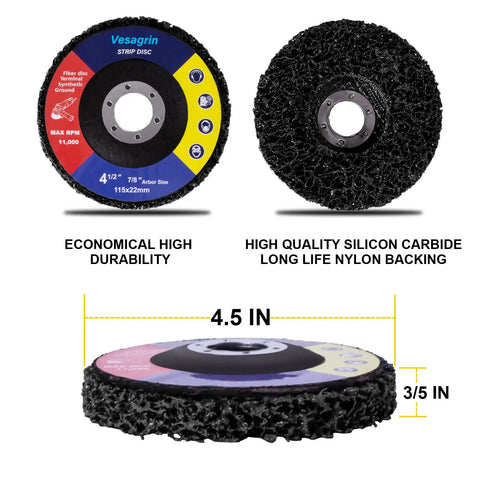 10 Pack 4.5 Inch Strip Discs for Angle Grinder With Seven Eighths Inch Arbor, showing front, side, and texture details.