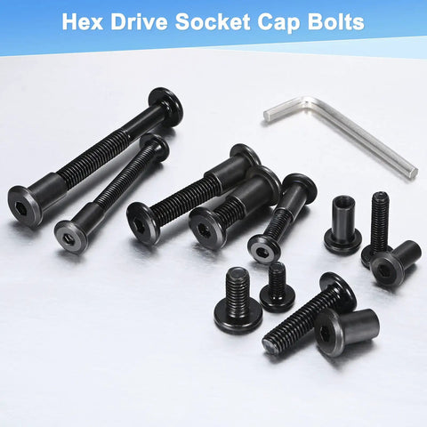 Heavy Duty Hex Drive Socket Cap Bolts M6 X 12 Mm For Furniture Assembly And Leather Jobs 20 Pack in black, including different sizes.