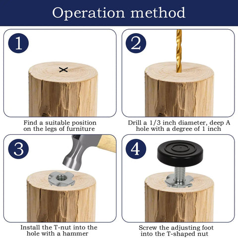Step-by-step installation guide for 12 Piece M6 Thread Furniture Feet Levelers Adjustable Leveling Feet For Furniture Legs With T Nuts And Non Slip Felt Pads Protect Floors From Scratches And Dents On Hard Surfaces Easy To Install And Durable