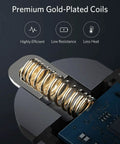 Close-up of ultra compact aluminum alloy dual USB car charger with premium gold-plated coils, emphasizing high efficiency.