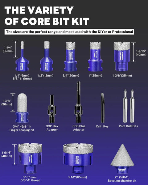 14 Pc Diamond Hole Saw Kit With Pilot Bit Adapter core bit sizes 1/4 to 2-1/2 inch with adapters for stone cutting
