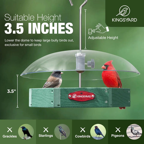 Large Platform Bird Feeder For Outdoor Hanging With Adjustable Dome Squirrel Proof Design No Fuss Easy Setup And Metal Mesh Tray Made From Recycled Plastic Ideal Wild Bird Seed Feeding Station Weatherproof And Durable Green showing adjustable 3.5 inch dome with birds