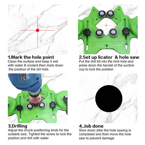 Step-by-step guide for using Diamond Hole Saw Kit With Adjustable Guide Jig, Fifteen Piece Set From One Quarter Inch To Two Inches.