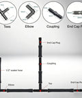 Diagram of Half Inch Soaker Hose Fittings Kit 26 Piece Garden Irrigation Connectors with tees, elbows, couplings, and end cap plugs.