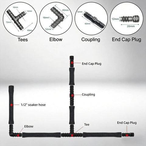 Diagram of Half Inch Soaker Hose Fittings Kit 26 Piece Garden Irrigation Connectors with tees, elbows, couplings, and end cap plugs.