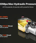 Heavy Duty Single Acting Hydraulic Power Unit Pump With 4 Qt Oil Reservoir And DC 12 Volt Motor Generating 3200 Psi Max Pressure Plus 0.91 Gpm Flow Rate For Dump Trailers, showing pressure range and application.