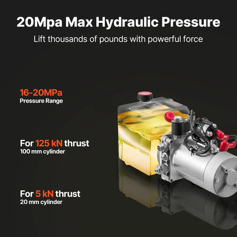 Heavy Duty Single Acting Hydraulic Power Unit Pump With 4 Qt Oil Reservoir And DC 12 Volt Motor Generating 3200 Psi Max Pressure Plus 0.91 Gpm Flow Rate For Dump Trailers, showing pressure range and application.