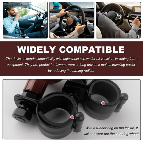 Steering Wheel Spinner Knob Ball Power Handle for Cars and Trucks Easy Grip Non Slip Heavy Duty Abs Accessory for Semi Trucks Trailers Tractors and Boats Black Matte installed on steering wheels of various vehicles showing compatibility.