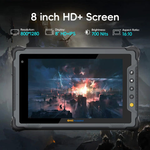 Built Like A Tank Hardened Eight Inch Rugged Tablet Heavy Duty Outdoor Work PC IP65 Sealed display showing vibrant city scene