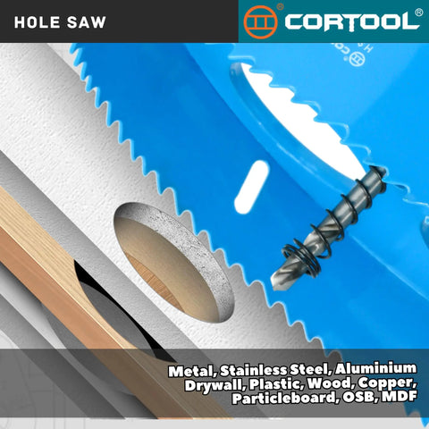 Heavy Duty 6-1/4 Inch Bi Metal Hole Saw Kit With Arbor cutting through drywall and wood, close-up of M42 high speed steel teeth.