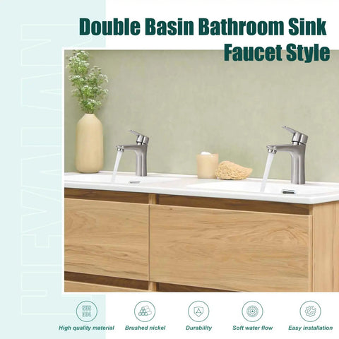 Brushed Nickel Single Handle Bathroom Faucet Heavy Duty Cold Water Design With Rock Solid Stainless Steel Build And Rust Proof Finish That Flows Smooth on a double basin sink.