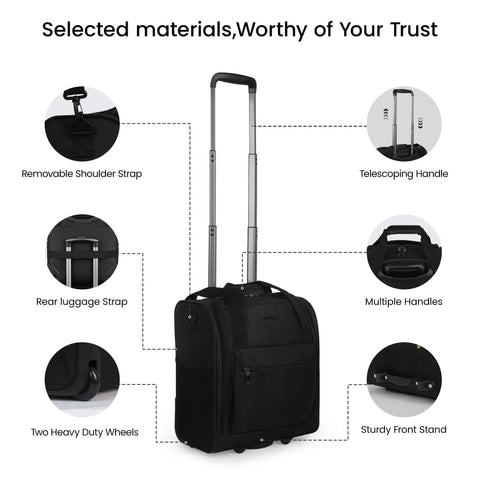 16 Inch Underseat Carry On Luggage With Wheels 3 In 1 Design showcasing telescopic handle and removable shoulder strap