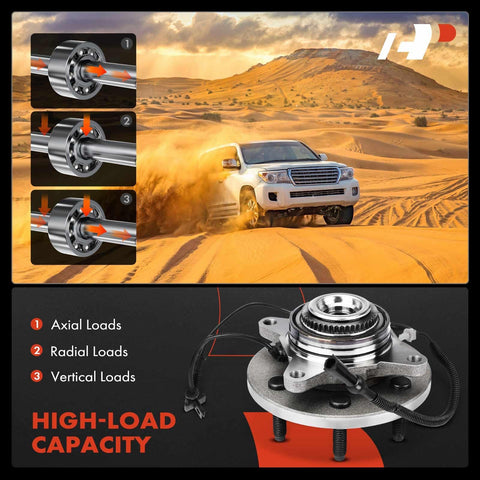 Front Wheel Bearing And Hub Assembly For Ford F150 Truck 2009 2010 4x4 6 Lug Compatible High Load Capacity Wheel Hub Replacement With Abs Sensor For Smooth Driving shown with load capacity details and desert terrain background.