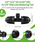 8 Pack 1/2 Inch To 1/4 Inch Drip Irrigation Fittings Quick Connect Reducing Tee Adapters, product dimensions shown