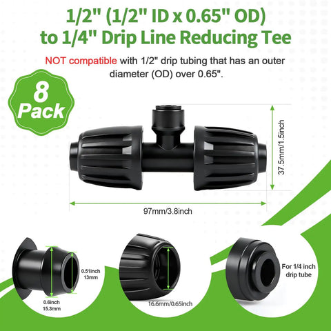 8 Pack 1/2 Inch To 1/4 Inch Drip Irrigation Fittings Quick Connect Reducing Tee Adapters, product dimensions shown