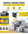 Compact 750W Mini Metal Lathe Machine With Infinitely Variable Speed Control And Bright LED Light for various machining tasks.