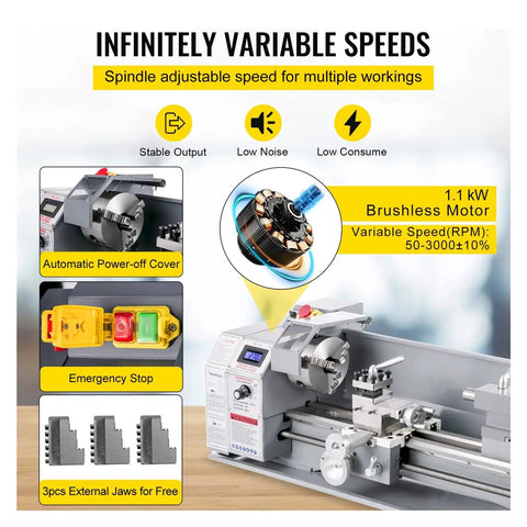 Compact 750W Mini Metal Lathe Machine With Infinitely Variable Speed Control And Bright LED Light for various machining tasks.