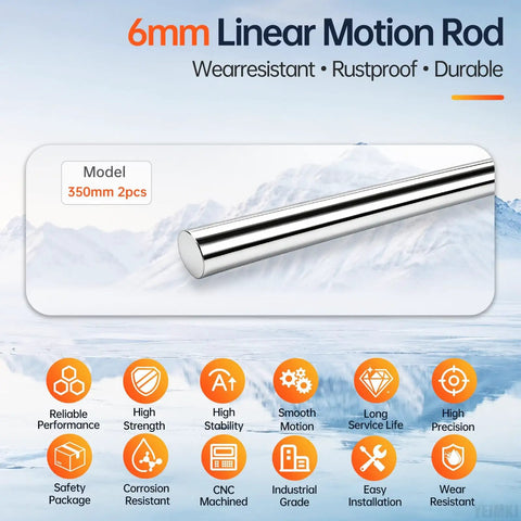 Smooth Moving 2 Pack Linear Motion Rods With 6mm Diameter And 350mm Length Made From Tough C45 Steel for CNC robotics, displaying a chrome steel surface.