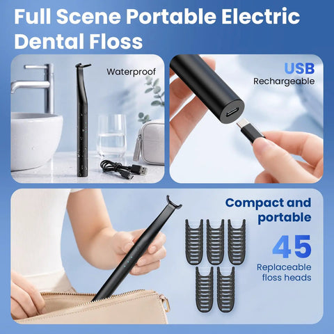 Portable Rechargeable Electric Water Flosser With Three Adjustable Cleansing Modes For Snag Free Smiles And Deep Gum Care That Is Totally Legit For Daily Fresh Breath Upgrade Anywhere You Travel Or Relax At Home shown with USB charging, waterproof design, and 45 replacement heads.