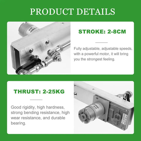 Super Cool Adjustable Linear Actuator Motor With Speed Controller showing stroke range 2-8cm and thrust 2-25kg for micro devices.