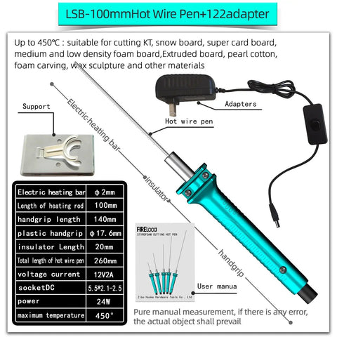 Electric Foam Cutting Tool Pen 10cm Hot Wire Cutter with 122 adapter, shown with specifications, blue color, for DIY projects