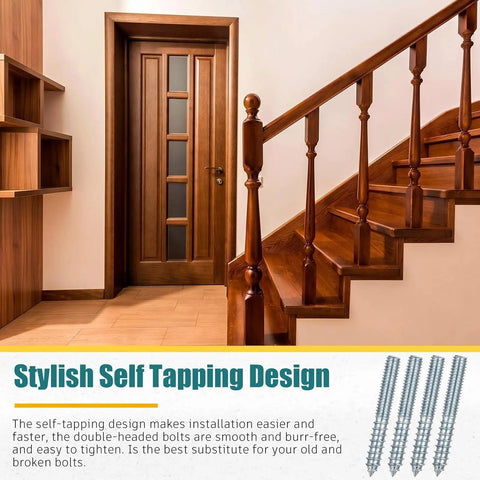 Wooden stairs and door with 20 Pack 1/4-20 X 1-1/2 Inch Hanger Bolts with Driver, Double Headed Self Tapping Bolts shown in silver finish