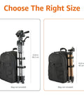 Lightweight 50 Inch Aluminum Camera Tripod With Quick Release Plate next to backpack, 60.2 cm on left, 43 cm on right.