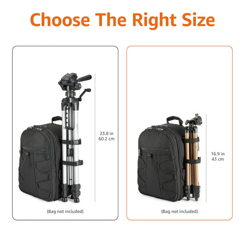 Lightweight 50 Inch Aluminum Camera Tripod With Quick Release Plate next to backpack, 60.2 cm on left, 43 cm on right.
