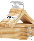 Heavy Duty Wooden Hangers 20 Pack With Non Slip Pant Bar For Closets, Solid Wood Coat Hangers stack with smooth finish