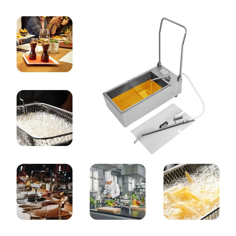 Kickass Mobile Fryer Oil Filter Cart Boasting A Beefy 55 Liter And 14.5 Gallon Tank Built To Last With Slick 201 Stainless Steel Walls Plus A Snappy 10 Liter Per Minute Flow Rate For Fast Grease Removal In Pro Kitchens image showcasing fryer in commercial kitchen.