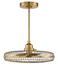 Industrial Cage Fandelier Ceiling Fan With Remote Control And Integrated Led Light Warm Brass Adjustable Stem mounted overhead.
