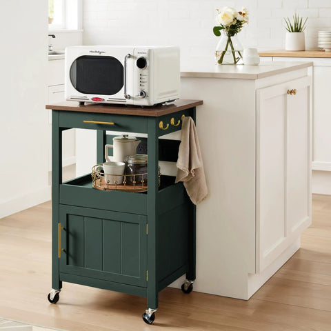 Forest Green Rolling Kitchen Island Cart With Single Door Cabinet, Drawer, Sliding Tray, Built In Electrical Outlet, Microwave Stand