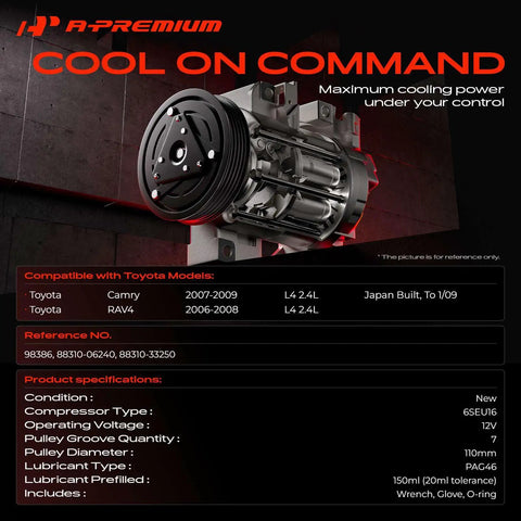 Heavy Duty AC Compressor With Clutch For Toyota Camry And Rav4 2007 To 2009 Two Point Four Liter Engine detailed view.