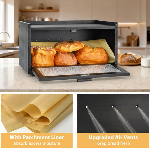 Big Ol Stackable Pine Wood Bread Box With Patterned Acrylic Door For Kitchen Countertop Vintage Style Bread Bin Pantry Organizer For Sourdough Bagels And Snacks Easy Assembly Black on kitchen countertop with bread inside