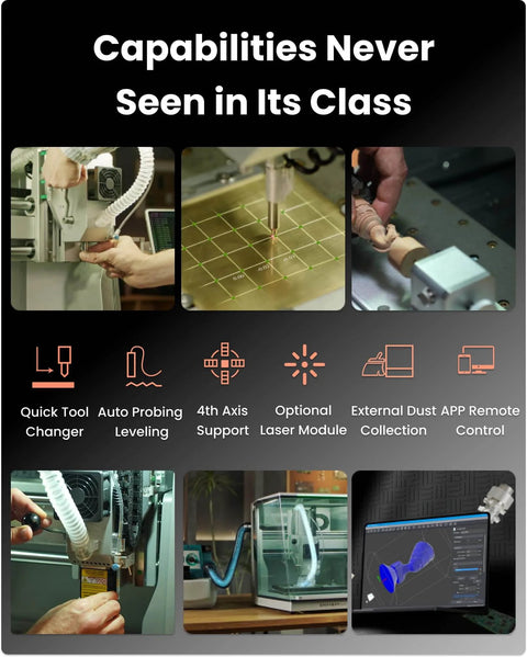 Air Desktop CNC Milling Machine With 4th Axis And Add On Module, showing features like quick tool change and Makera CAM integration.