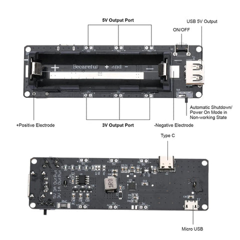 2 Pack 18650 Battery Holder Power Bank Module, black PCB with USB and output ports for lithium battery charging.