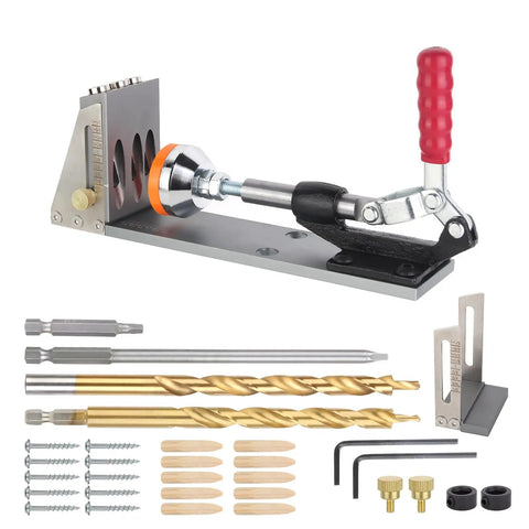 All Metal Pocket Hole Jig Kit for DIY Woodworking, Upgraded Dowel Screw Jig Set with accessories displayed on white background