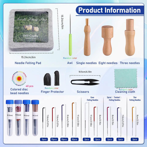 Felting Kit for DIYers and Crafters Includes 6x6 Felt Pad, 40 Assorted Needles, Finger Guards, Scissor, and Handy Bag Product Info
