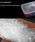 PP raw material in a hand showing granules, with a transparent food storage container in the background.
