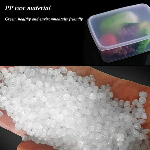 PP raw material shown in hand, clear granules for eco-friendly products with storage container in background.
