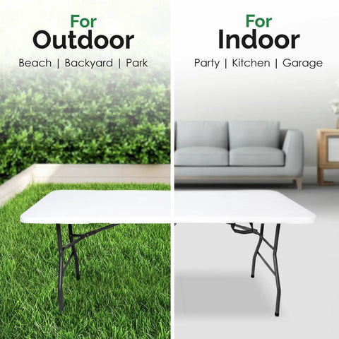 Heavy Duty Folding Table With Built In Handle Six Foot Portable Table For Indoor And Outdoor Use shown in yard and living room