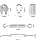 Heavy Duty Wire Rope Kit With 6 Turnbuckles M6 And Eye and Hook, 16 Cable Clamp Clips For One Eighth Inch Rope, stainless steel parts