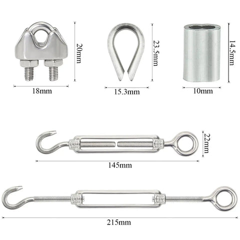 Heavy Duty Wire Rope Kit With 6 Turnbuckles M6 And Eye and Hook, 16 Cable Clamp Clips For One Eighth Inch Rope, stainless steel parts