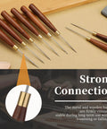 Heavy Duty 2 Pack Scratch Awl Tool Kit Rock Solid Leather Sewing Punch Set showing multiple tools with strong wooden handles and polished tips.
