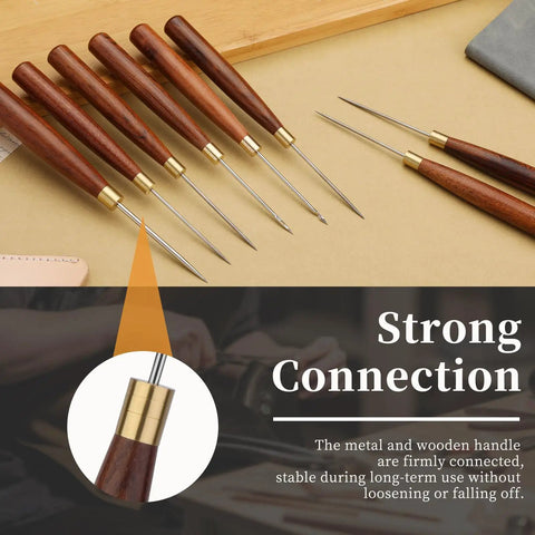 Heavy Duty 2 Pack Scratch Awl Tool Kit Rock Solid Leather Sewing Punch Set showing multiple tools with strong wooden handles and polished tips.