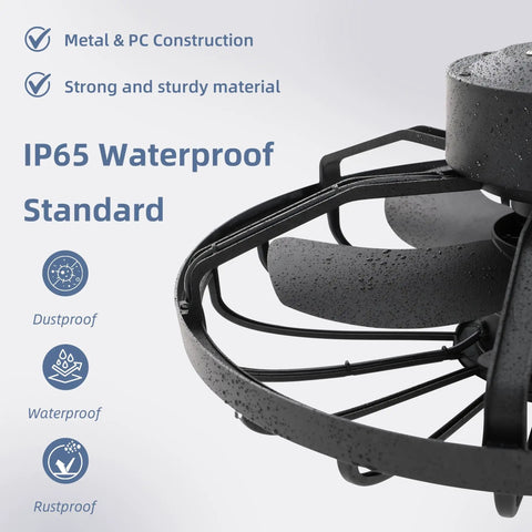 Close-up of IP65 waterproof outdoor ceiling fan showing durable PC blades and metal frame in black, text highlights features.
