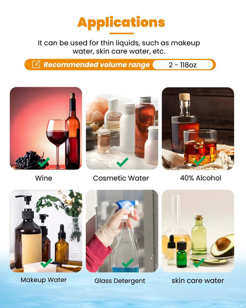 Applications for 2-118 Oz Liquid Filler Machine With Anti Drip Nozzle Diaphragm Pump And Digital Control For Cosmetic Water Wine Makeup
