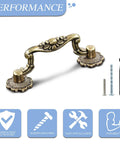 Antique Bronze Cabinet Pulls Set Of 10 With 3 Inch Hole Centers and included screws and screwdriver shown in close-up.
